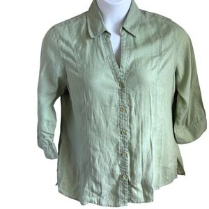 Linen Button Front Shirt Green‎ 3/4 Sleeve Collared Top Casual Career Women's 16